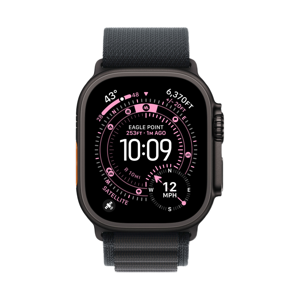На фото изображено Apple Watch Ultra 3 GPS + Cellular, 49 мм, корпус из чёрного титана, ремешок Alpine, цвет чёрный, M
