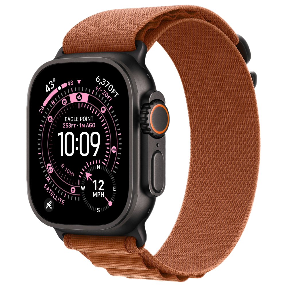 На фото изображено Apple Watch Ultra 3 GPS + Cellular, 49 мм, корпус из чёрного титана, ремешок Alpine, цвет терракотовый, S