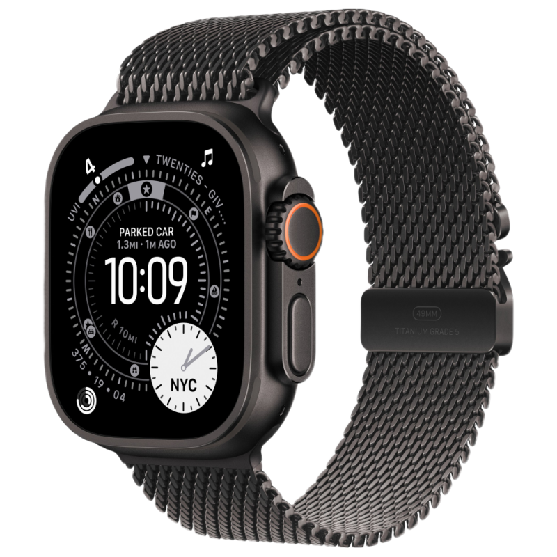 Фото Apple Watch Ultra 3 GPS + Cellular, 49 мм, корпус из черного титана, ремешок Milanese черного цвета, размер L На фото изображено Apple Watch Ultra 3 GPS + Cellular, 49 мм, корпус из черного титана, ремешок Milanese черного цвета, размер L