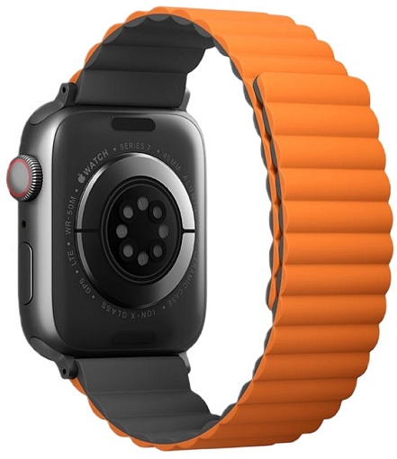 На фото изображено Ремешок силиконовый двусторонний Uniq для Apple Watch (44,45,46,49 мм), оранжевый-серый