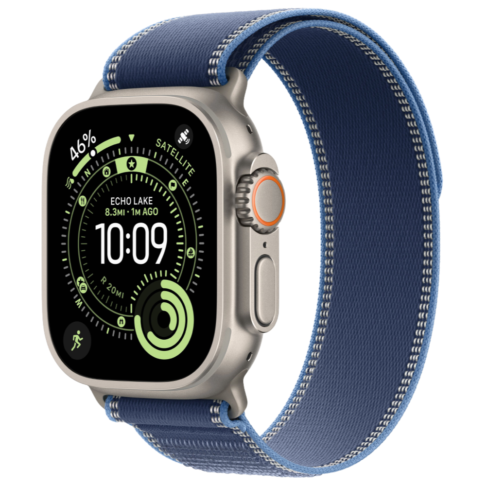На фото изображено Apple Watch Ultra 3 GPS + Cellular, 49 мм, корпус из натурального титана, ремешок Trail, цвет синий, S/M