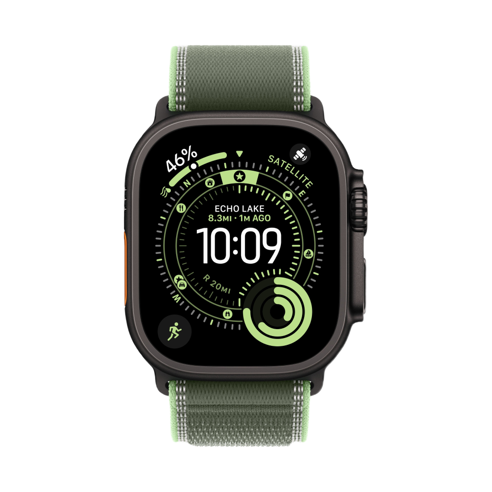 На фото изображено Apple Watch Ultra 3 GPS + Cellular, 49 мм, корпус из чёрного титана, ремешок Trail, цвет зелёный, S/M