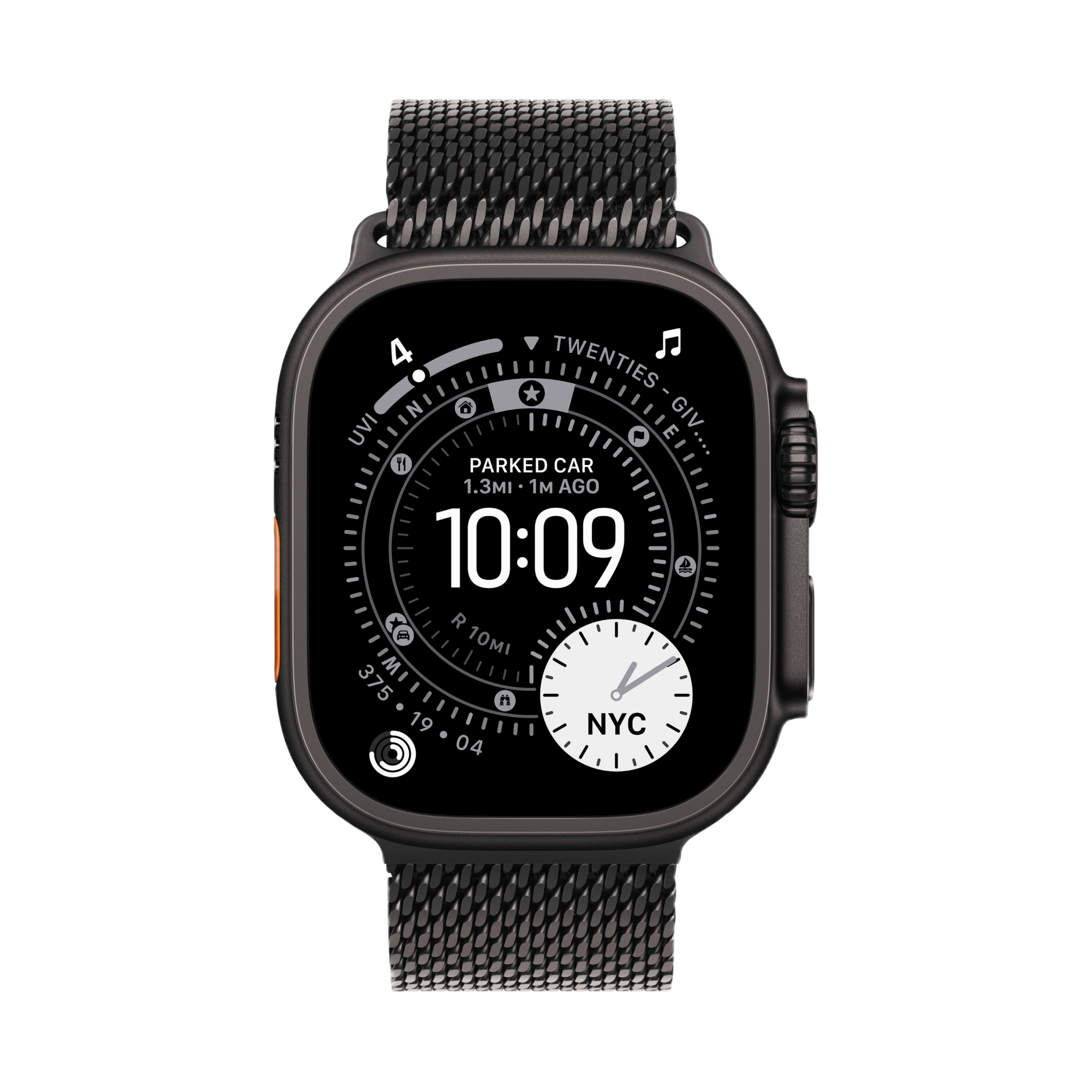На фото изображено Apple Watch Ultra 3 GPS + Cellular, 49 мм, корпус из черного титана, ремешок Milanese черного цвета, размер L