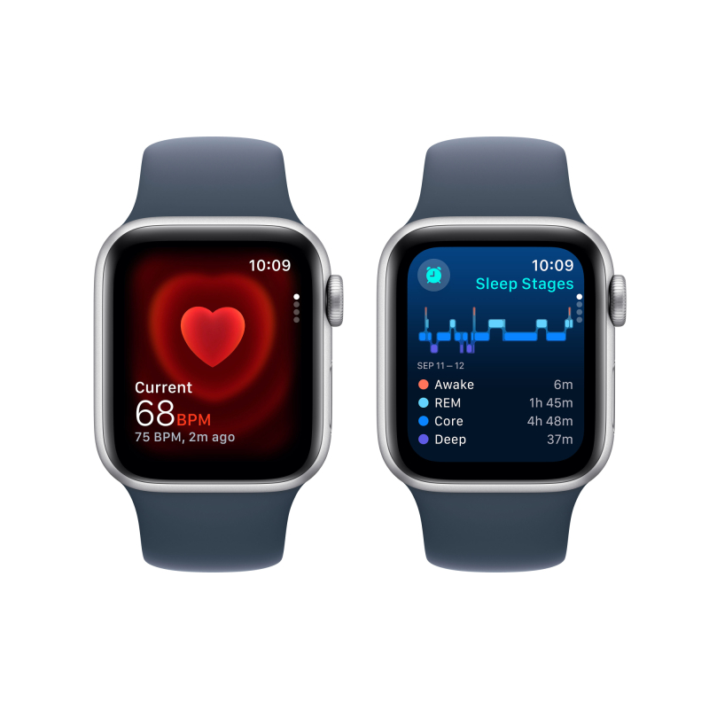 Apple Watch SE 2024, 44 мм, корпус из алюминия цвета «Серебристый», спортивный ремешок, размер S/M