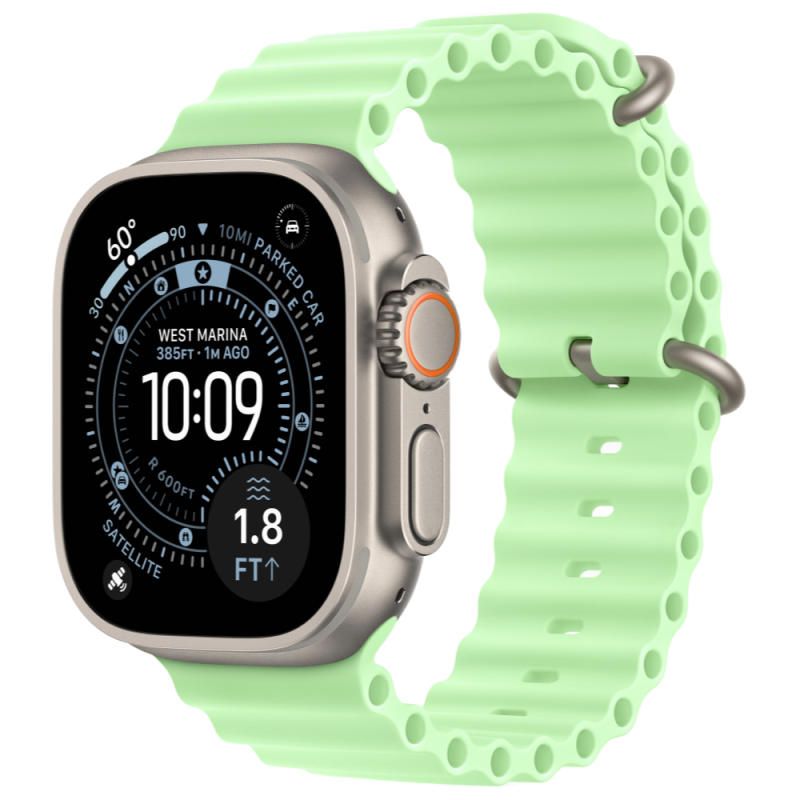 На фото изображено Apple Watch Ultra 3 GPS + Cellular, 49 мм, корпус из натурального титана, ремешок Ocean Band, цвет неоновый зелёный