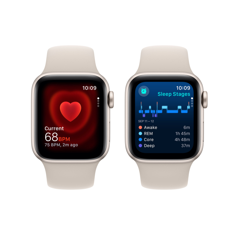 Apple Watch SE 2024, 44 мм, корпус из алюминия цвета «Сияющая звезда», спортивный ремешок, размер M/L