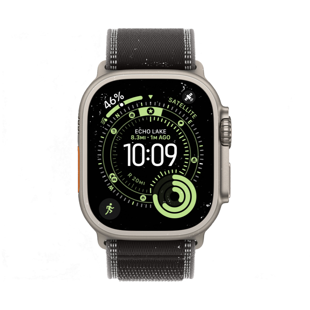 На фото изображено Apple Watch Ultra 3 GPS + Cellular, 49 мм, корпус из натурального титана, ремешок Trail, цвет чёрный, M/L