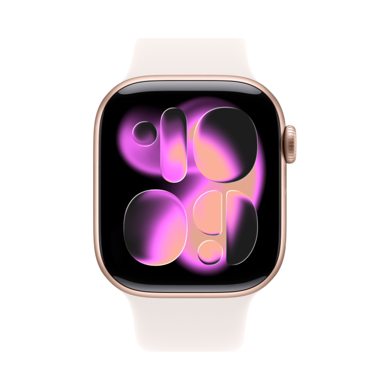 На фото изображено Apple Watch Series 11, 42 мм, корпус из алюминия цвета «Розовое золото», спортивный ремешок, размер M/L