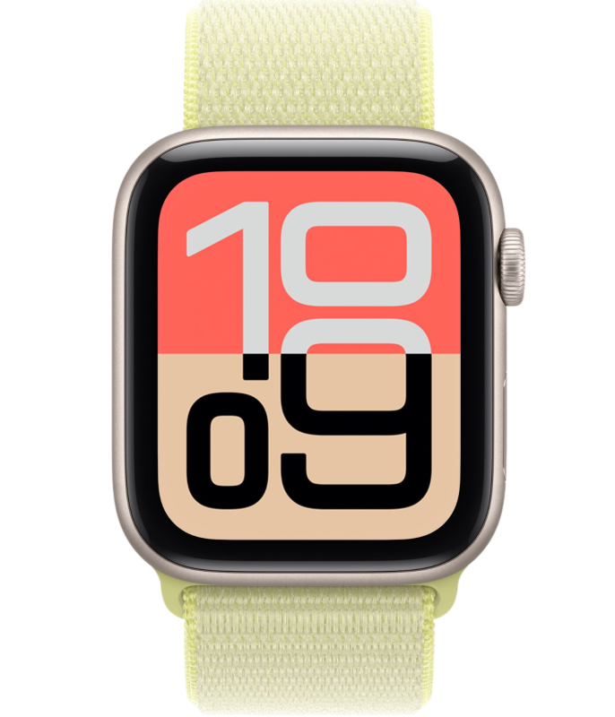 На фото изображено Apple Watch SE 3, 44 мм, корпус из алюминия цвета «Сияющая звезда», спортивный ремешок, размер M/L