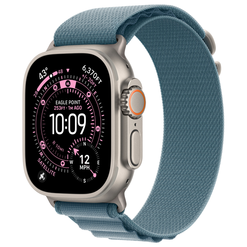 На фото изображено Apple Watch Ultra 3 GPS + Cellular, 49 мм, корпус из натурального титана, ремешок Alpine, цвет светло-синий, L