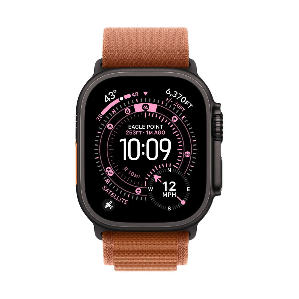 На фото изображено Apple Watch Ultra 3 GPS + Cellular, 49 мм, корпус из чёрного титана, ремешок Alpine, цвет терракотовый, S