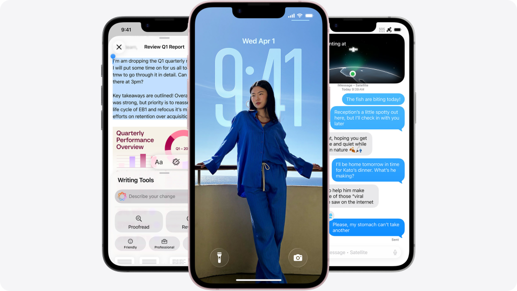Коллаж из трех iPhone 17e с экранами, показывающими приложения, переписку и фото
